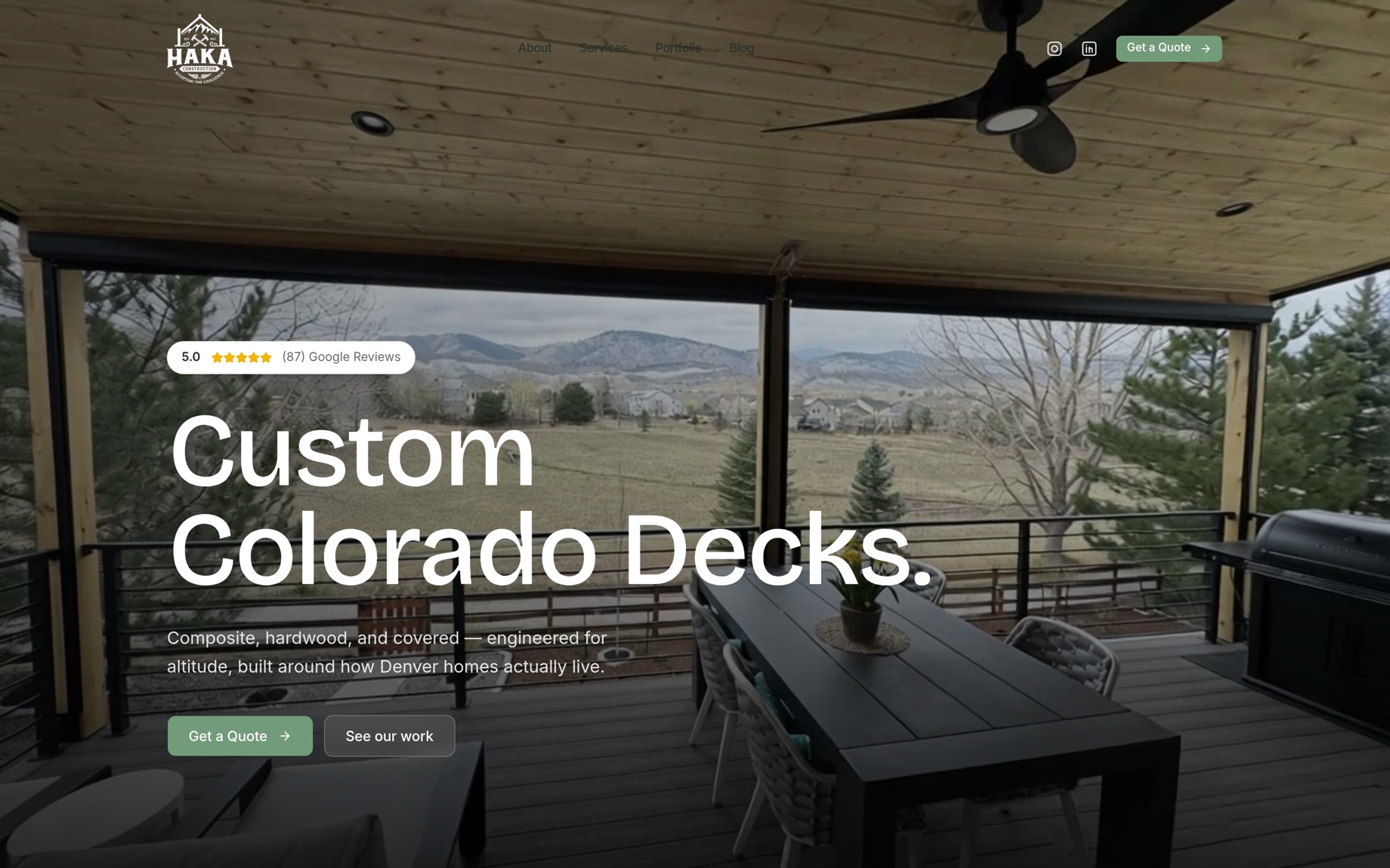 The Haka Decks website built by HelloSavvy — hero reading “Custom Colorado Decks.”