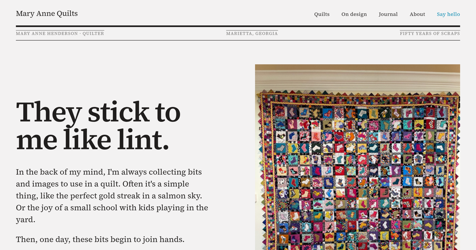 The Mary Anne Quilts website — “They stick to me like lint” beside a quilt of scrap-fabric socks.